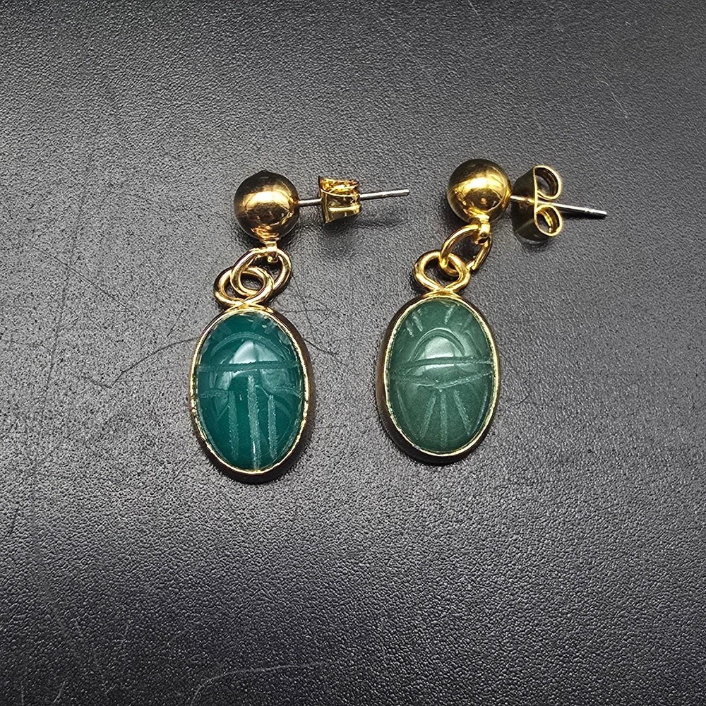 Green Jade Scarab Earrings Dangling Pierced Post Egyptian Revival